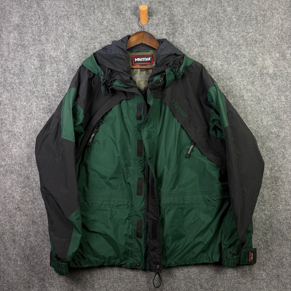Marmot Gore-Tex Mountain Jacket Mens Large Green Black 2-Ply Shell Hooded 0084
